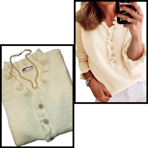Ecowish Cream Ruffle Pearl & Rhinestone Button Womens Long Sleeve Sweater Size S - Picture 1 of 10
